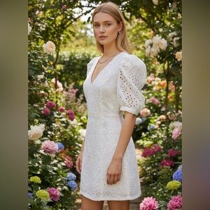 Dynamite White Eyelet puffed sleeve Midi Dress small NWT